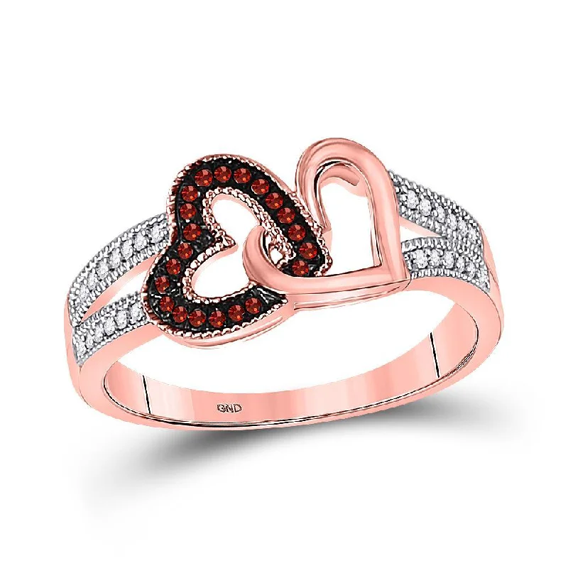 10kt Rose Gold Womens Round Red Color Enhanced Diamond Double Heart Ring 1/6 Cttw