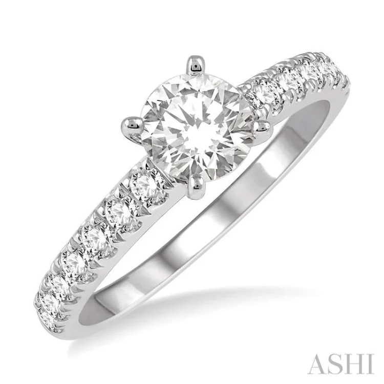 5/8 Ctw Round Cut Diamond Ladies Engagement Ring with 1/3 Ct Round Cut Center Stone in 14K White Gold 5/8 Ctw Round Cut Diamond Ladies Engagement Ring with 1/3 Ct Round Cut Center Stone in 14K White Gold