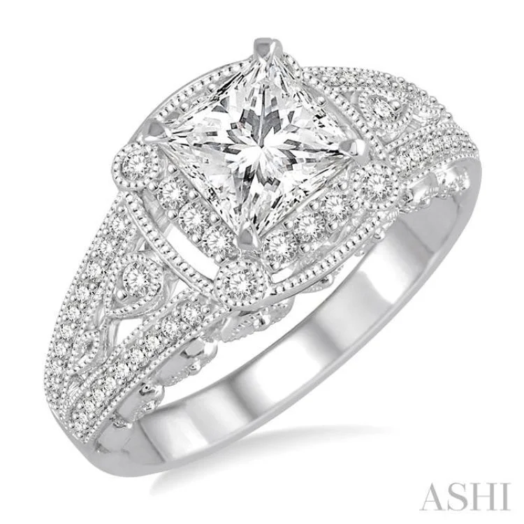 7/8 Ctw Diamond Engagement Ring with 1/2 Ct Princess Cut Center Stone in 14K White Gold 7/8 Ctw Diamond Engagement Ring with 1/2 Ct Princess Cut Center Stone in 14K White Gold
