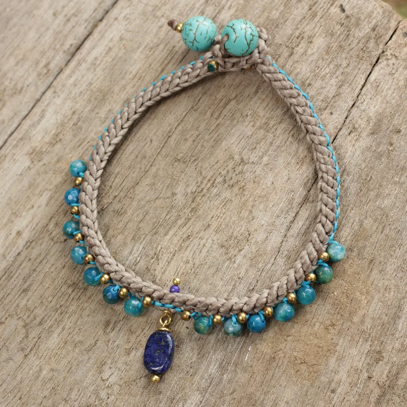 Mae Sa Cascade Lapis Lazuli and Agate Braided Bracelet with Brass Beads